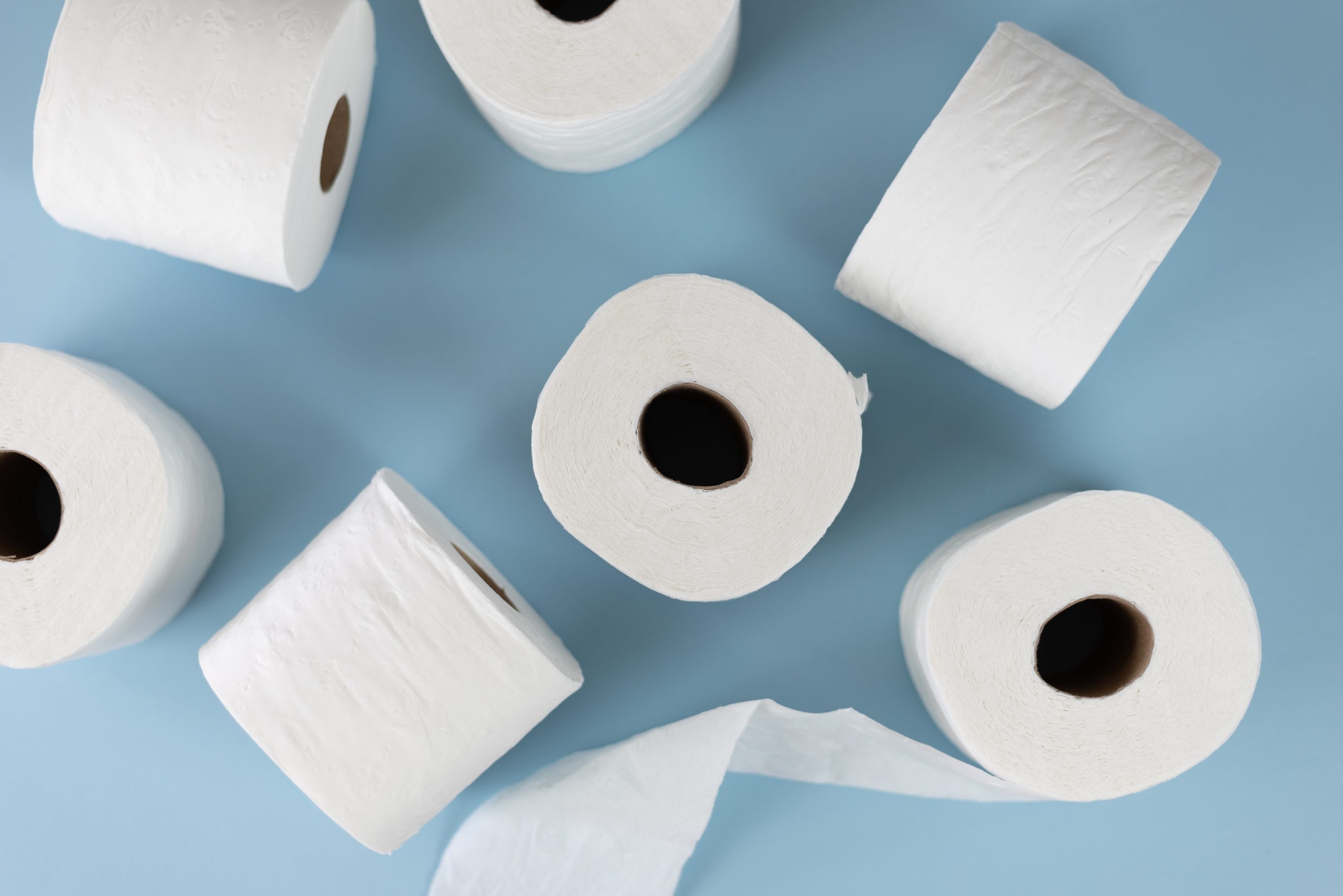 blauer Hintergrund. davor sieben rollen Toilettenpapier in weiß die durcheinander liegen