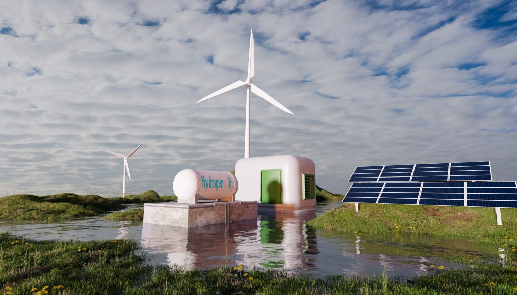 Zwei Windräder, Solarzellen und ein Hydrogen-Tank